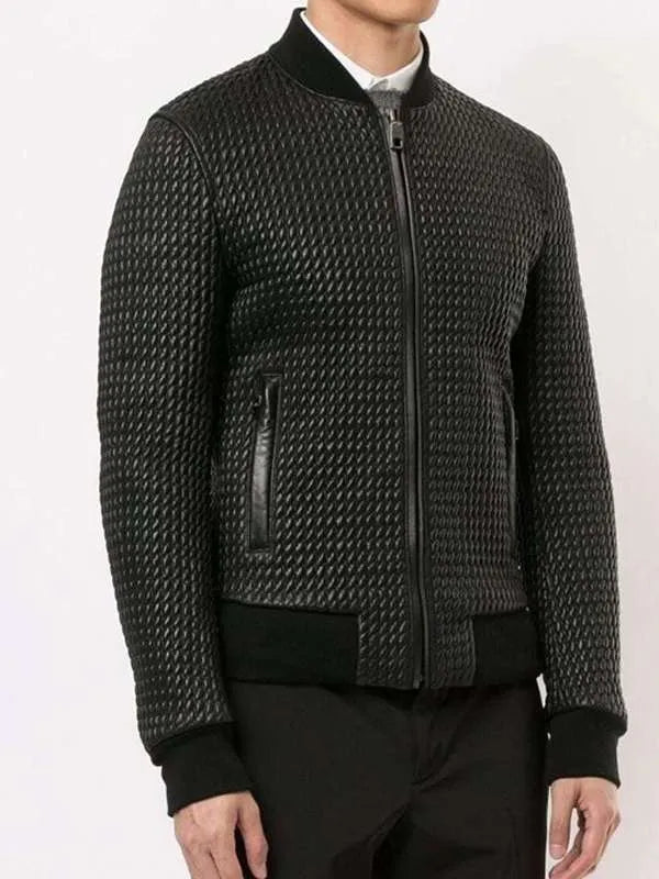 Men Black Bomber Quilted Leather Jacket