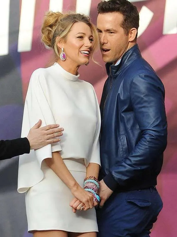 Blake Lively and Ryan Reynolds Blue Leather Jacket