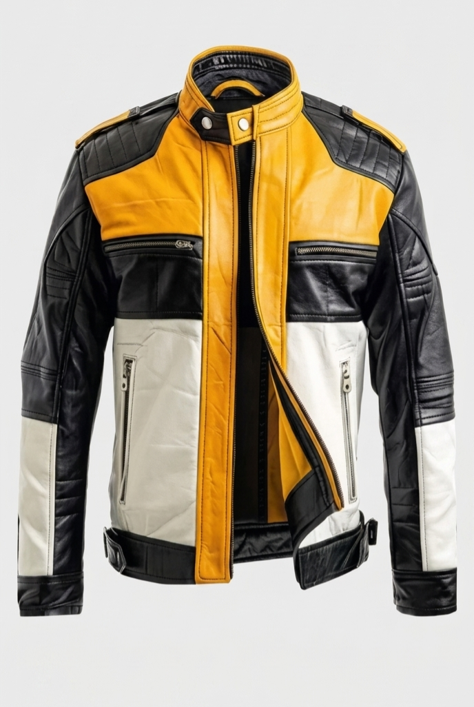 Men’s Retro Cafe Racer Vintage Colorblock Leather Jacket